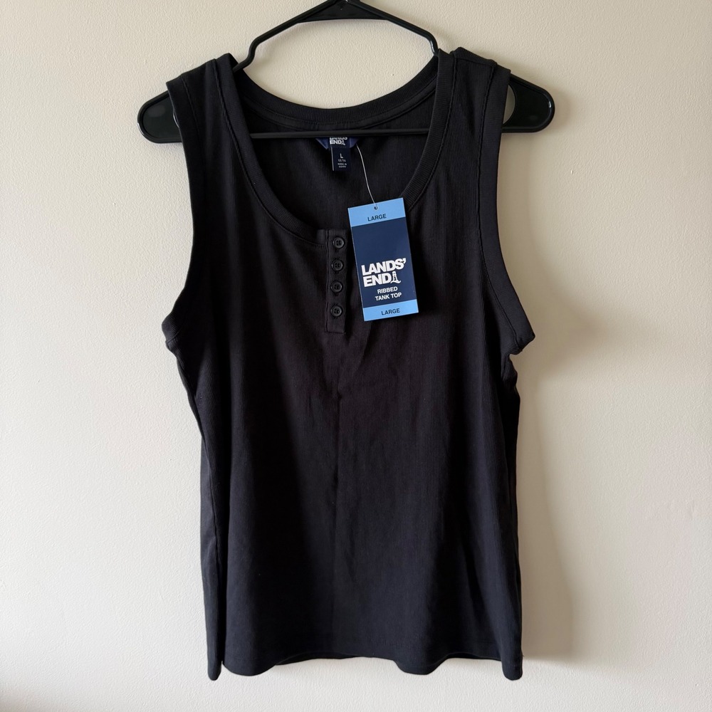 Lands End Womens Large Black Ribbed Henley Tank Top 12-14, Cotton Blend